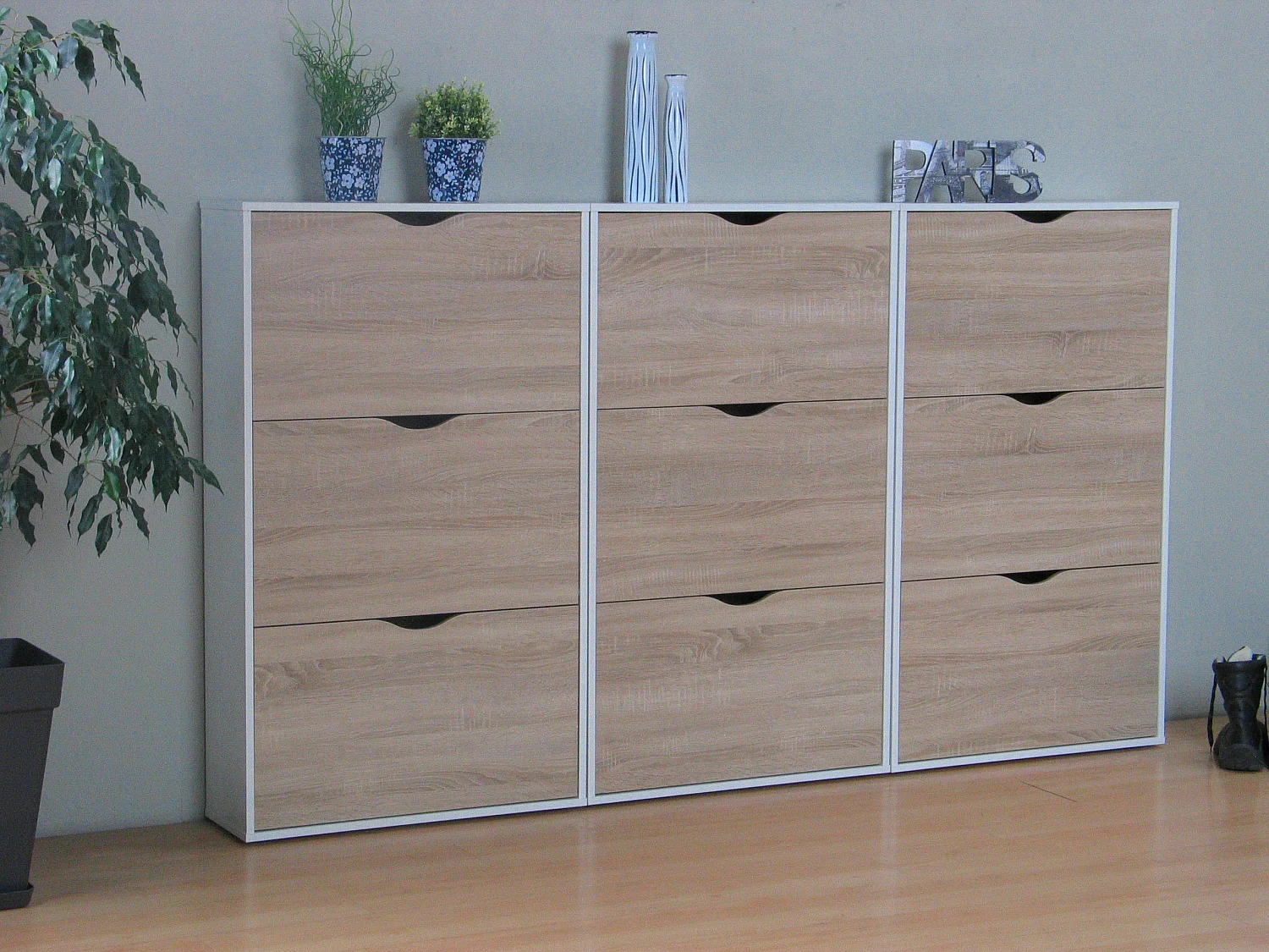 Schoenenkasten Napoli (set van drie) met 3 lades wit / eiken.