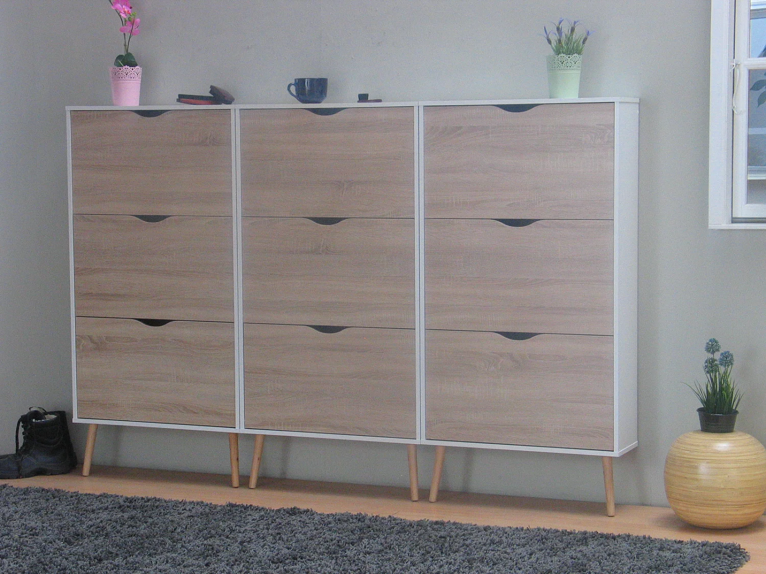 Schoenenkasten Napoli (set van drie) met 3 lades wit / eiken.