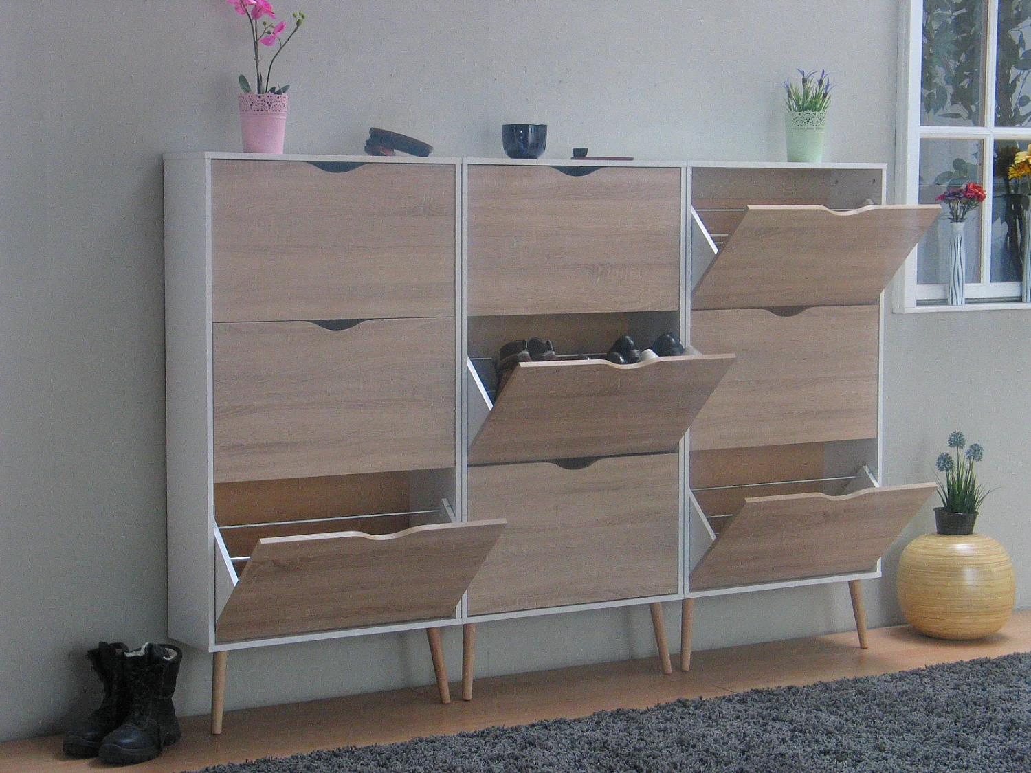 Schoenenkasten Napoli (set van drie) met 3 lades wit / eiken.