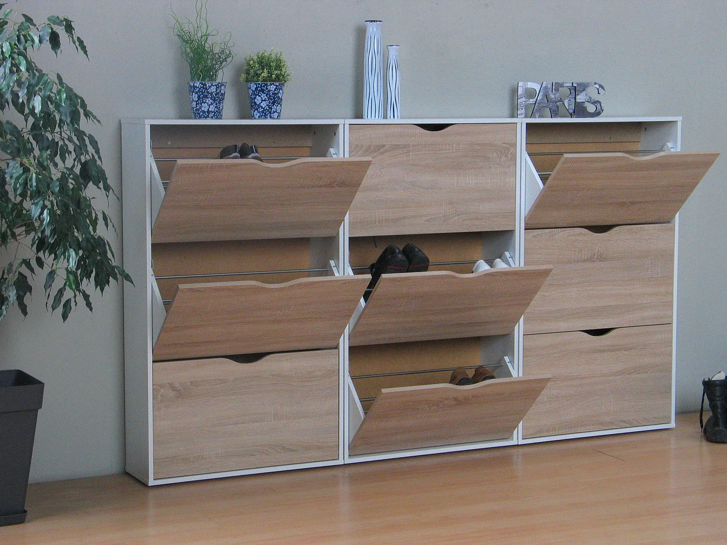 Napoli Schuhschrank mit 9 Schubladen in weiss und Eichendekor.