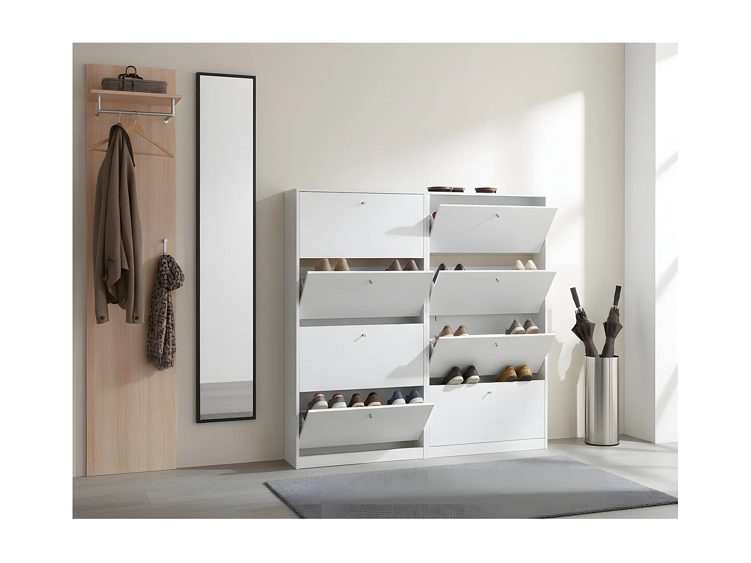 Escape Armoire à chaussures avec 8 abattants, largeur 150 cm, hauteur 148 cm, blanc.