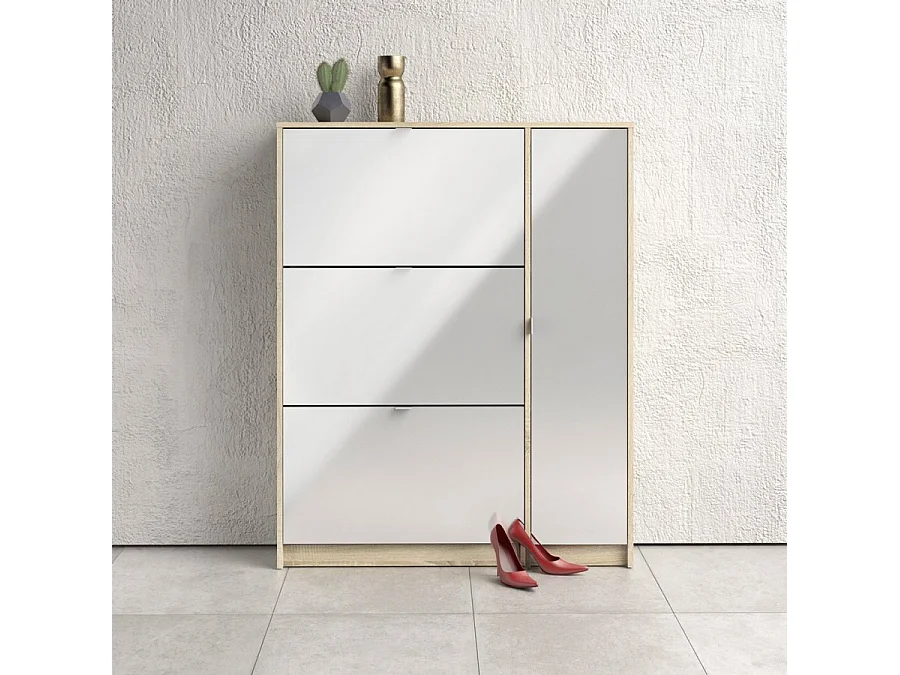 Shane Armoire à chaussures, 3 casiers, 2R, 1 porte, finition chêne structuré, blanc brillant.