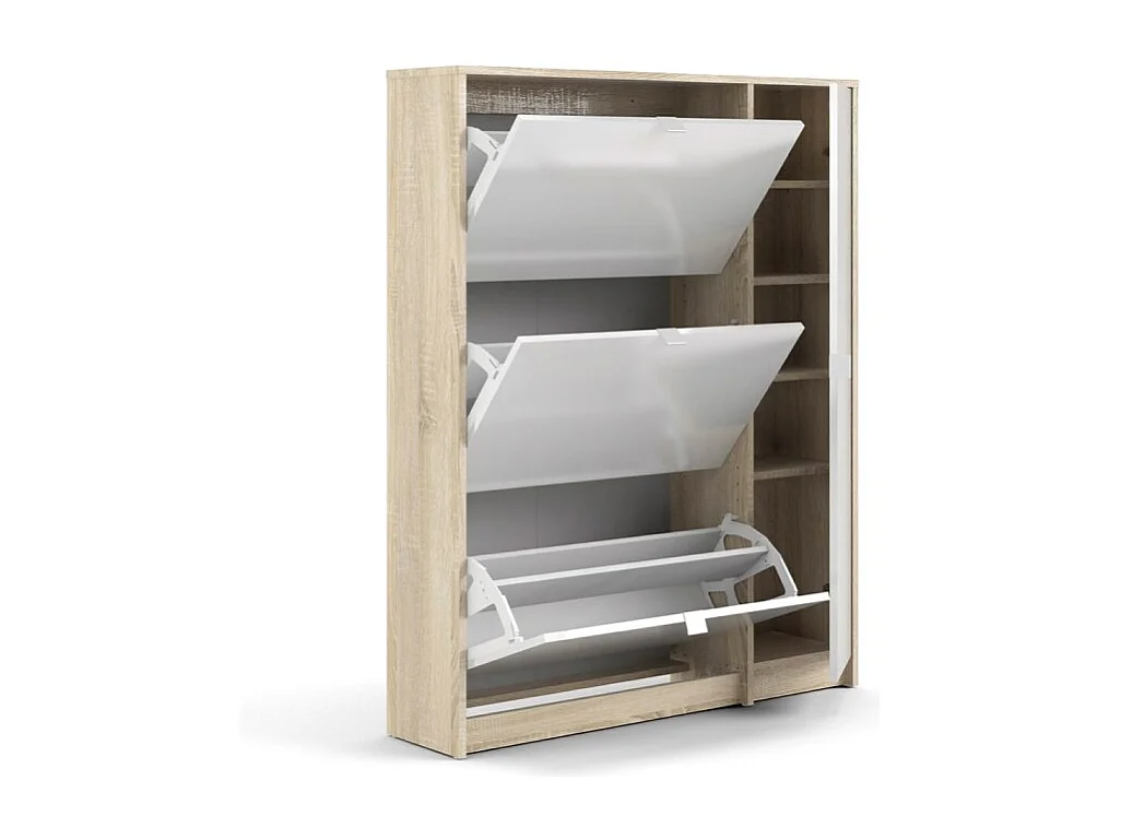 Shane Armoire à chaussures, 3 casiers, 2R, 1 porte, finition chêne structuré, blanc brillant.