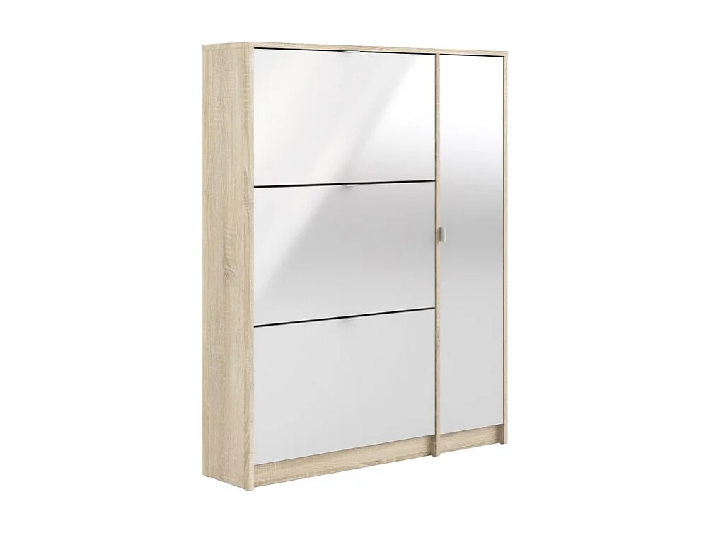 Shane Armoire à chaussures, 3 casiers, 2R, 1 porte, finition chêne structuré, blanc brillant.