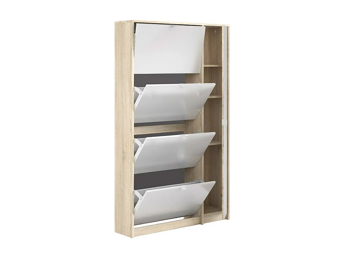 Shane Armoire à chaussures, 4 casiers, 2R, 1 porte miroir, finition chêne structuré, blanc brillant.