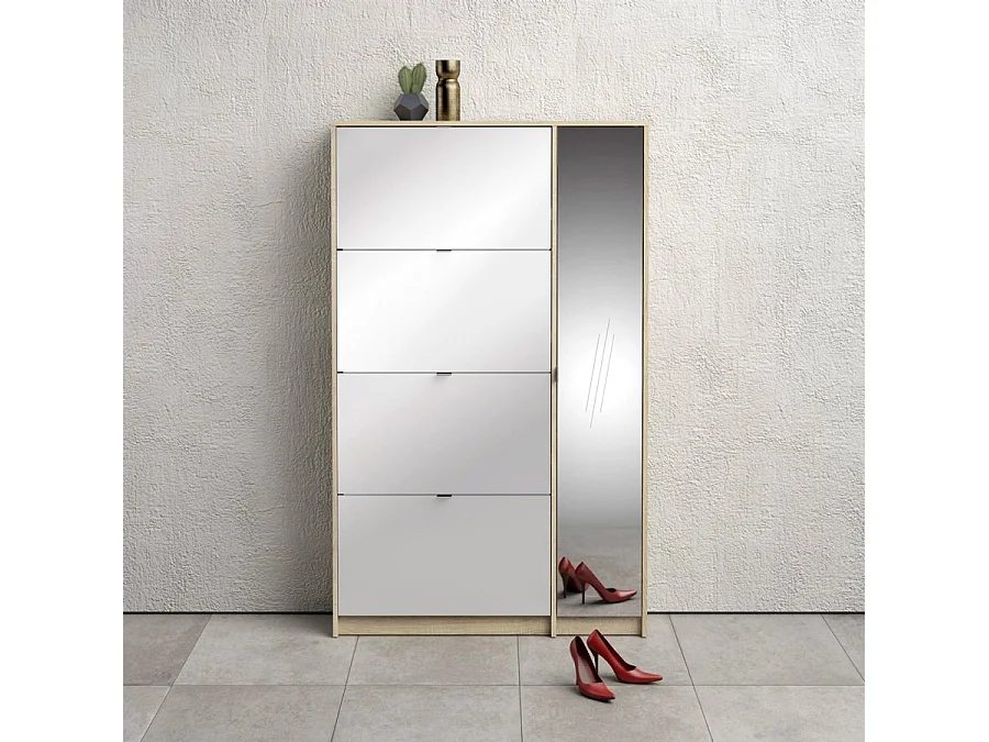 Shane Armoire à chaussures, 4 casiers, 2R, 1 porte miroir, finition chêne structuré, blanc brillant.