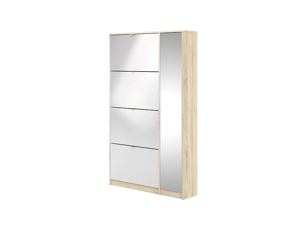 Shane Armoire à chaussures, 4 casiers, 2R, 1 porte miroir, finition chêne structuré, blanc brillant.
