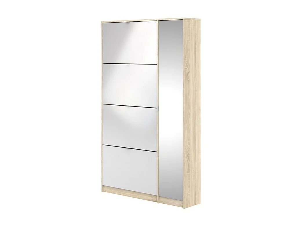 Shane Schuhschrank 4 Klapptüren 2R, 1 Spiegeltür eiche Struktur Dekor, hochglanz weiss.