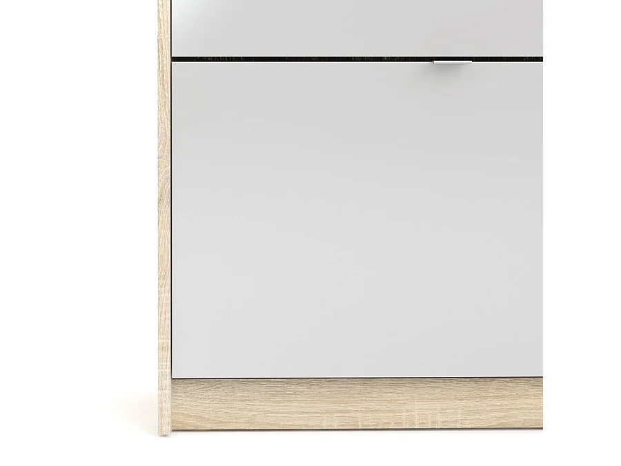 Shane Schuhschrank 4 Klapptüren 2R, 1 Spiegeltür eiche Struktur Dekor, hochglanz weiss.