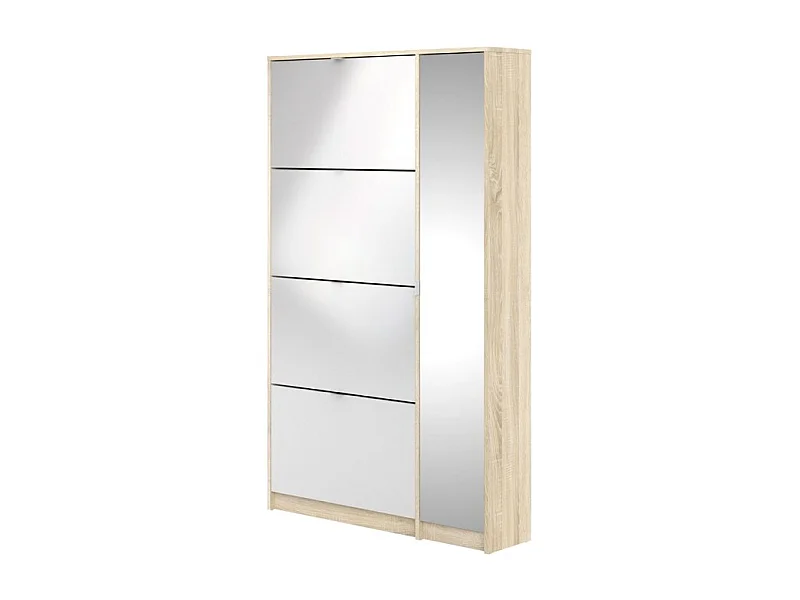 Shane schoenenkast 4 klapdeuren 2R, 1 spiegeldeur eikenstructuur decor, wit hoogglans.