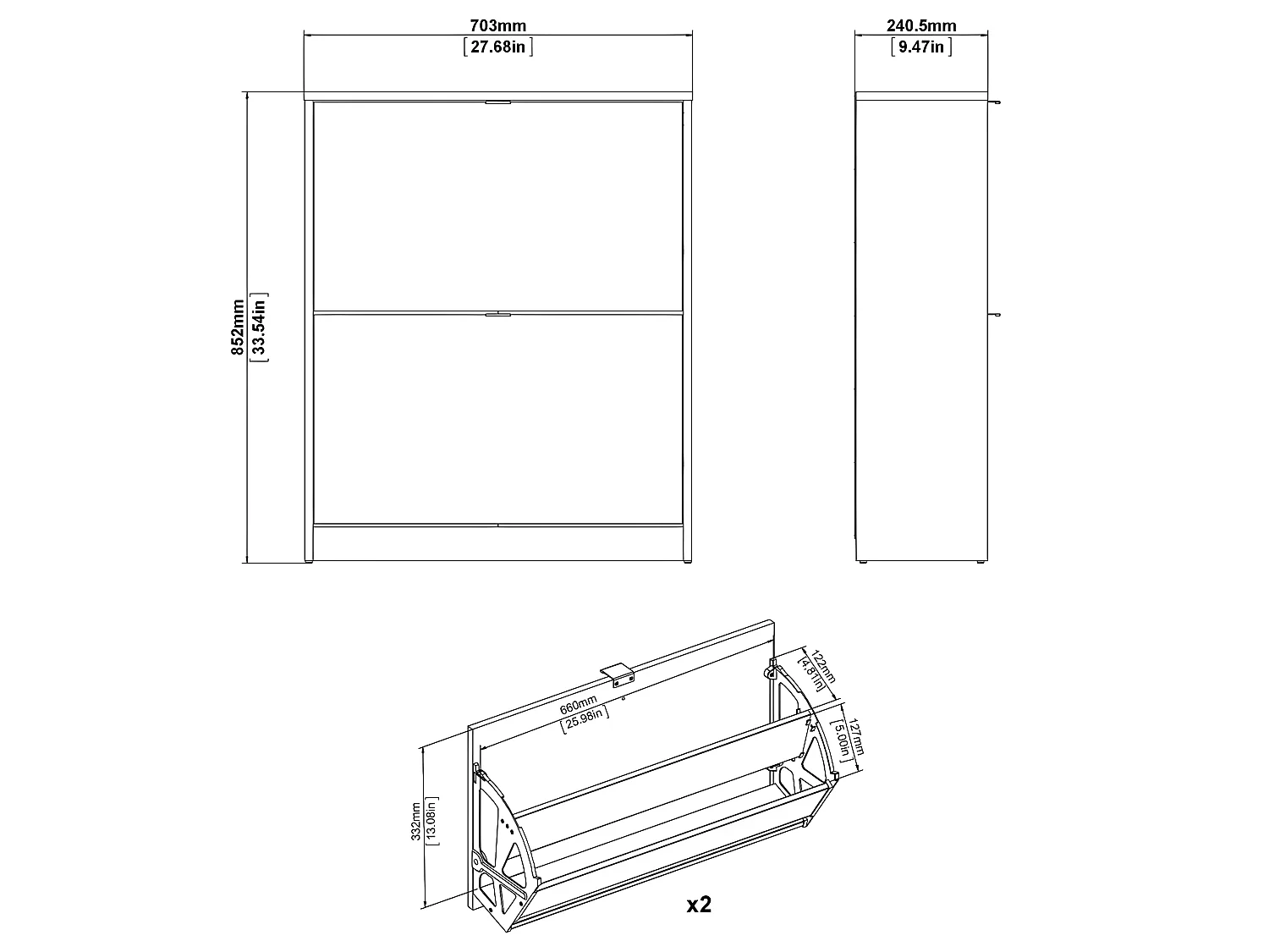 Shane Armoire à chaussures, 2 portes, pliantes 2R, gris mat.