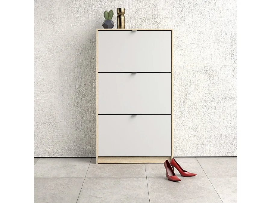 Shane Schuhschrank 3 Klapptüren 2R Eiche Struktur Dekor, weiss.