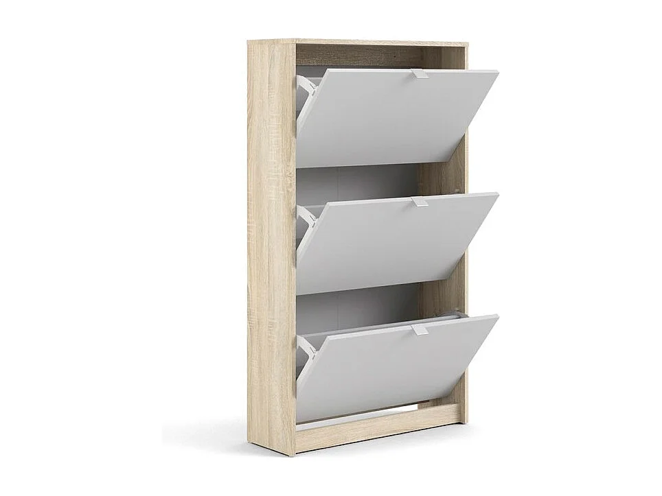 Shane Schuhschrank 3 Klapptüren 2R Eiche Struktur Dekor, weiss.