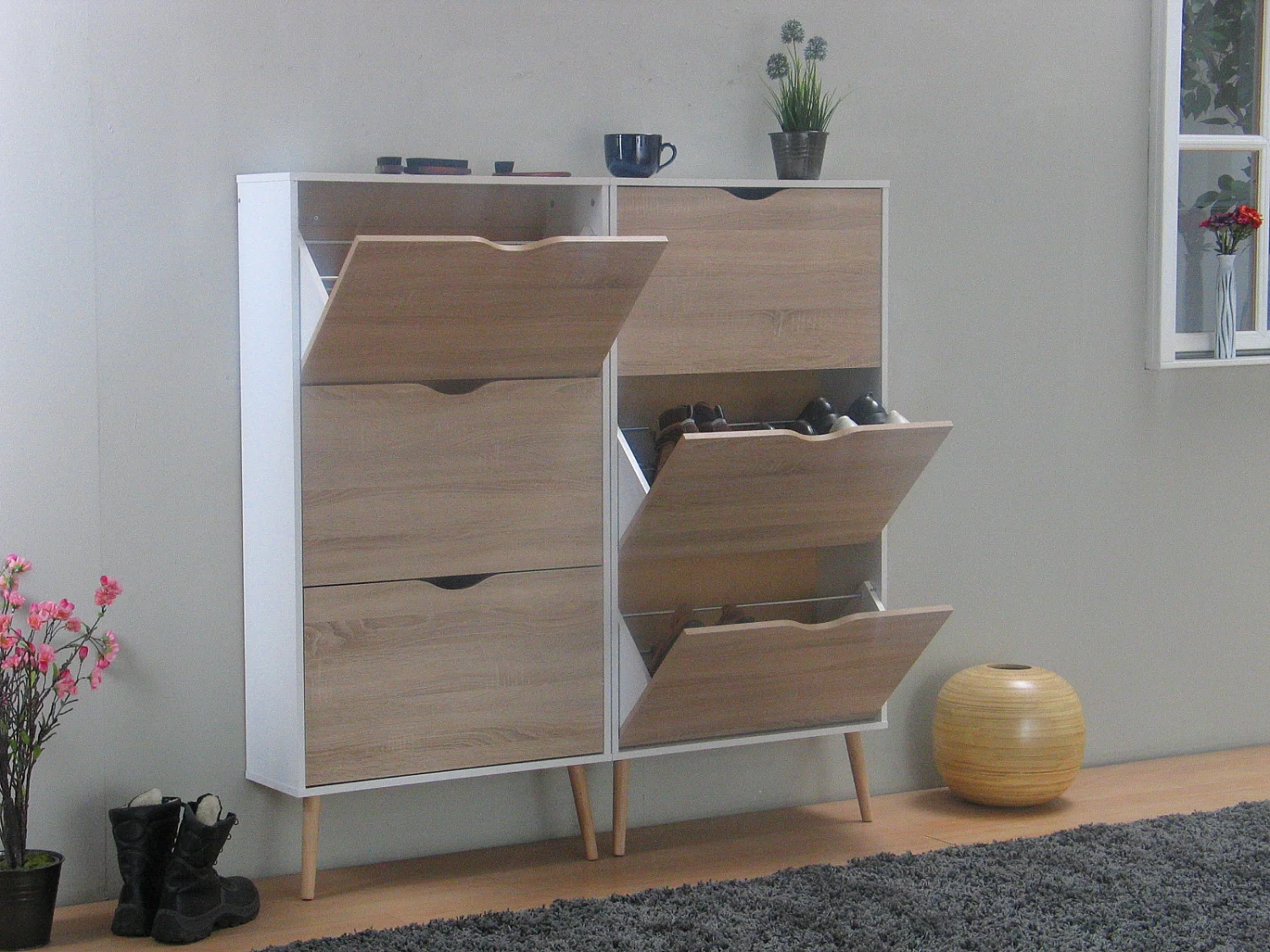 Schoenenkasten Napoli (set van twee) met 3 lades wit eiken.