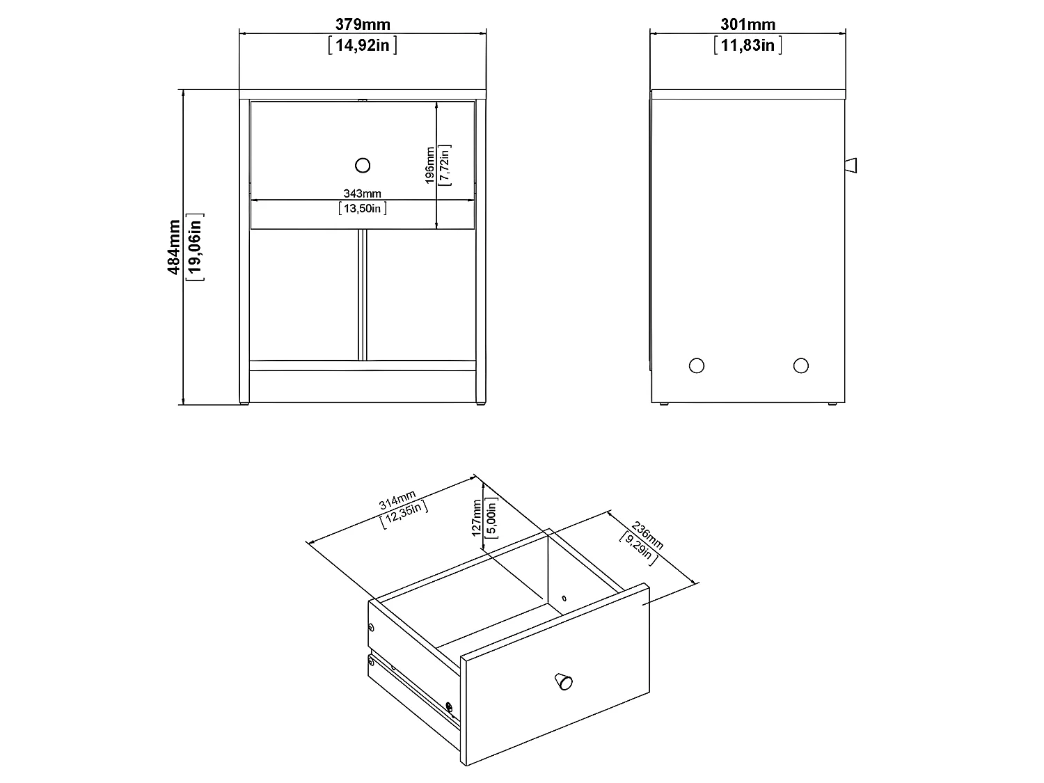 Maria Nachttisch 1 Schublade und 1 Raum schwarz.