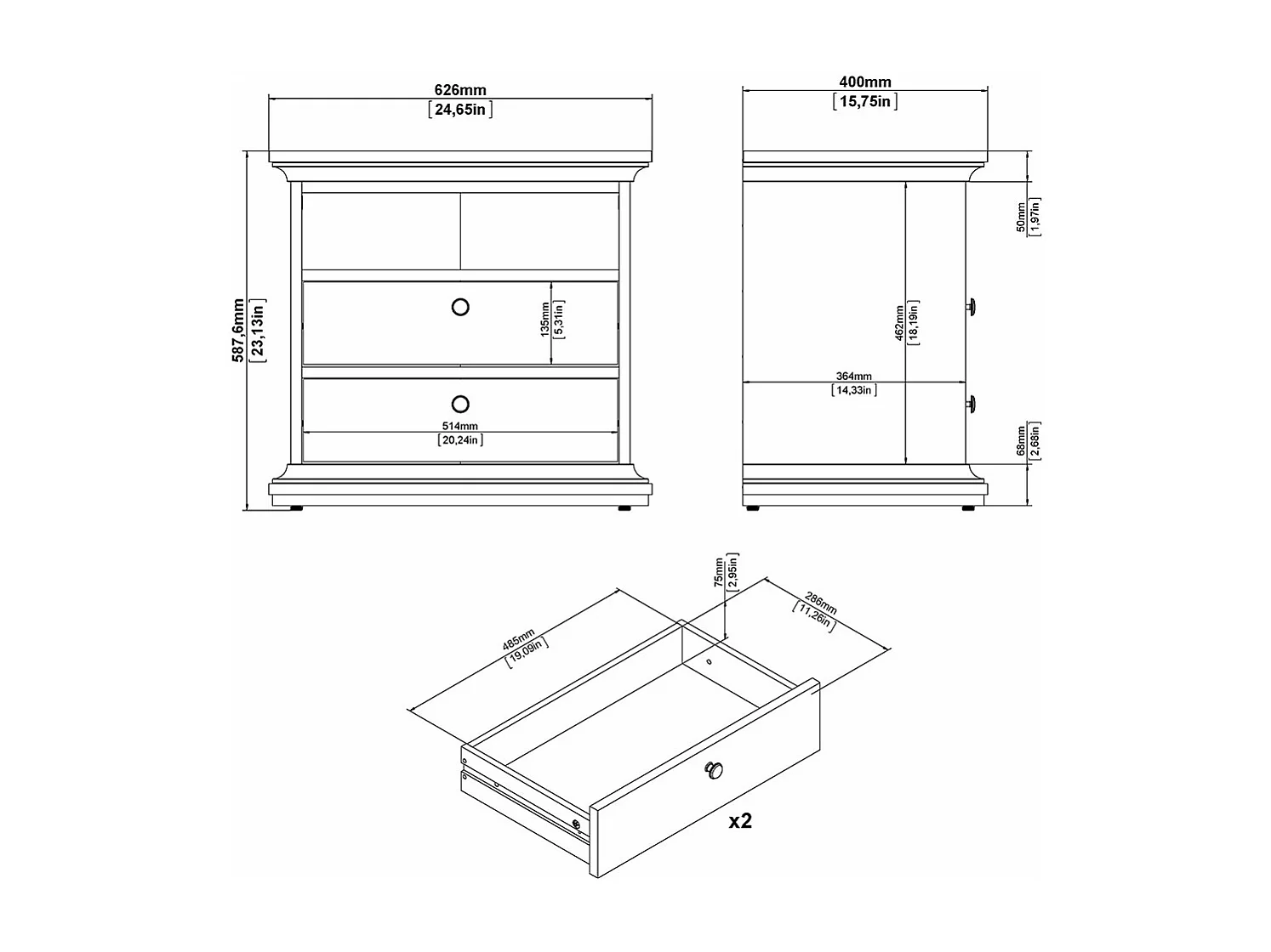Venedig Table de chevet large, 2 tiroirs et 1 pièce, gris mat.