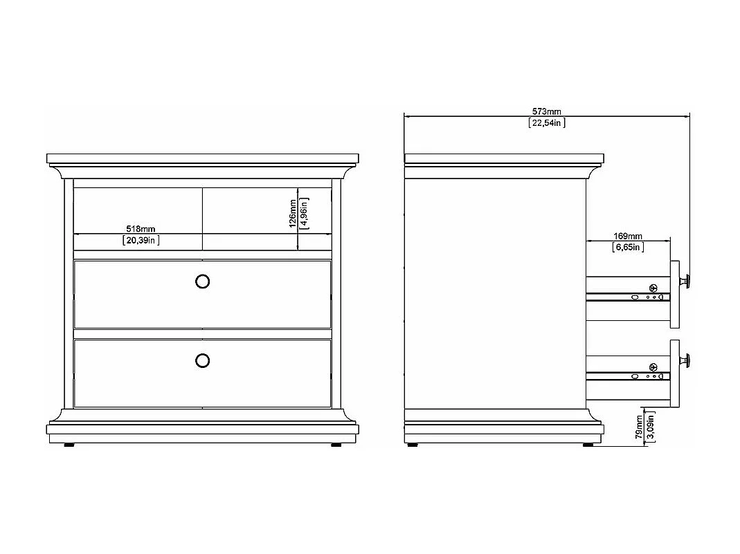 Venedig Table de chevet large, 2 tiroirs et 1 pièce, gris mat.