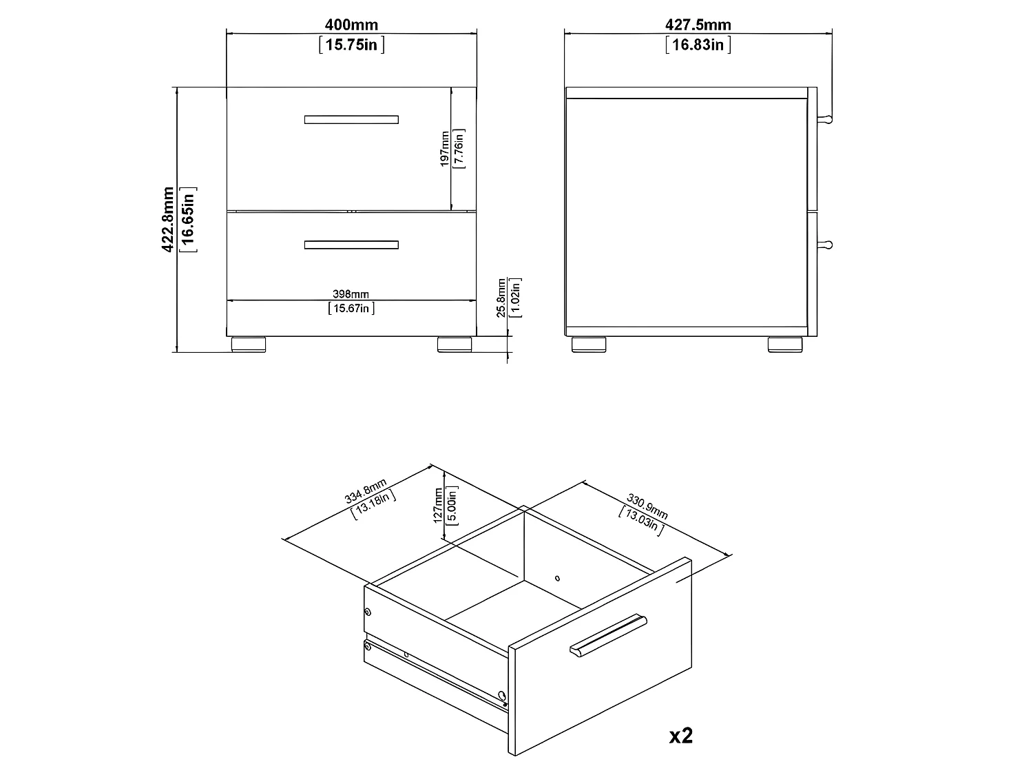 Petra Table de chevet à 2 tiroirs, imitation chêne, blanc brillant.