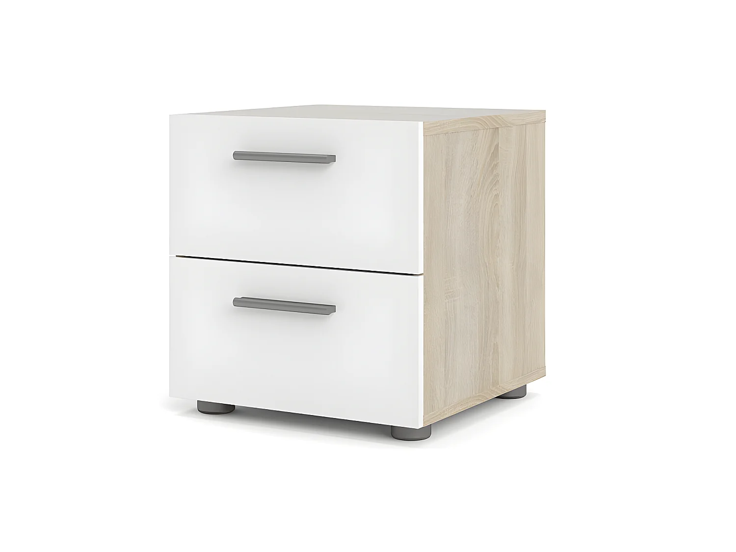 Mesita de noche Petra con 2 cajones decoración roble/blanco alto brillo.