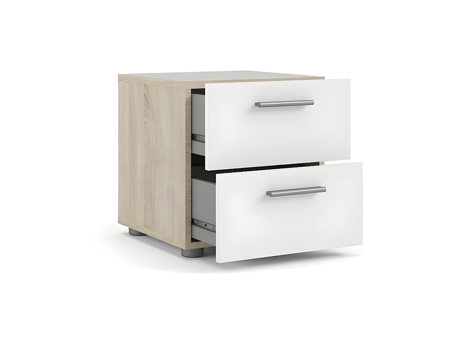 Mesita de noche Petra con 2 cajones decoración roble/blanco alto brillo.