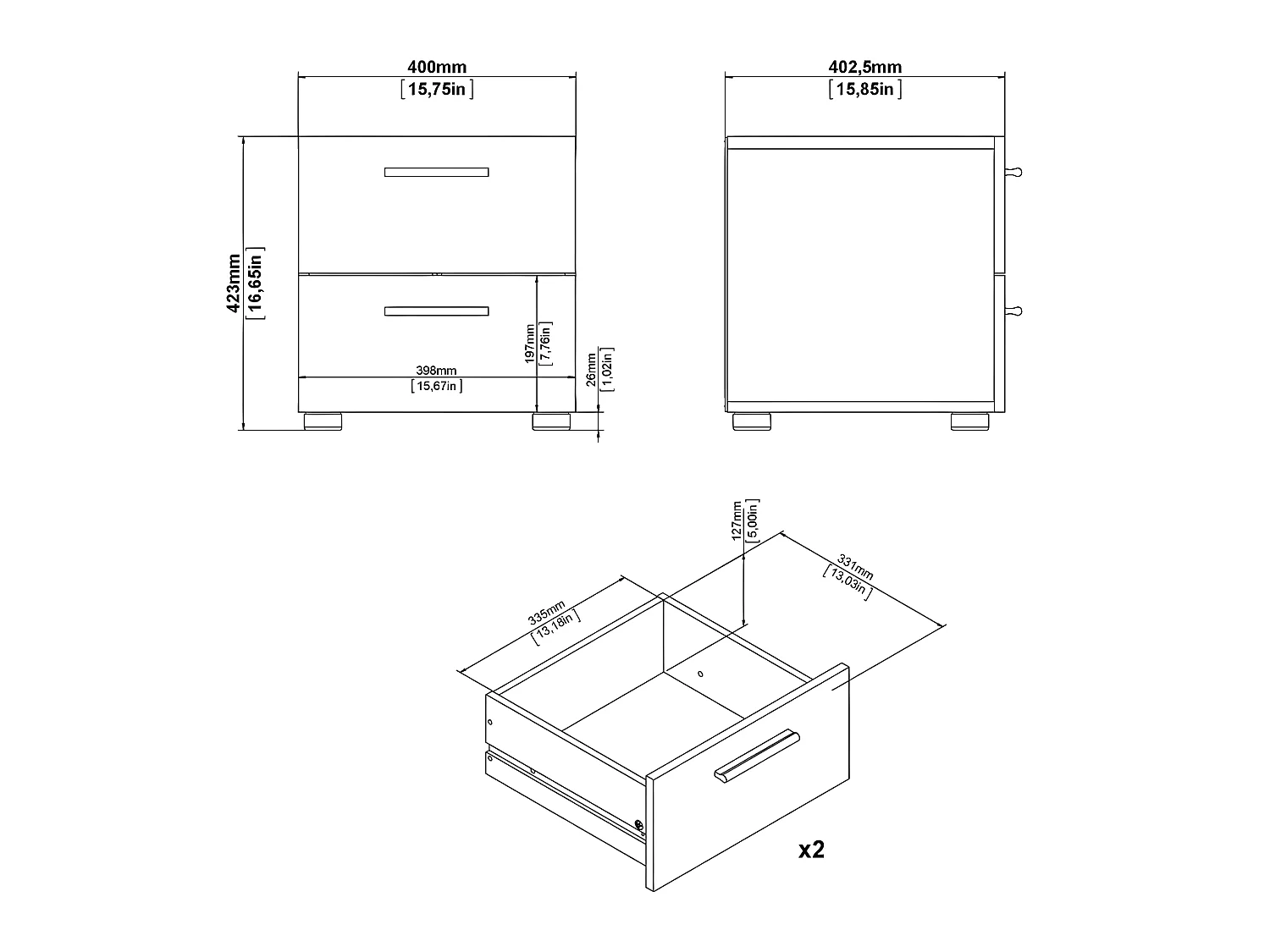 Petra Table de chevet à 2 tiroirs, coloris chêne truffe.