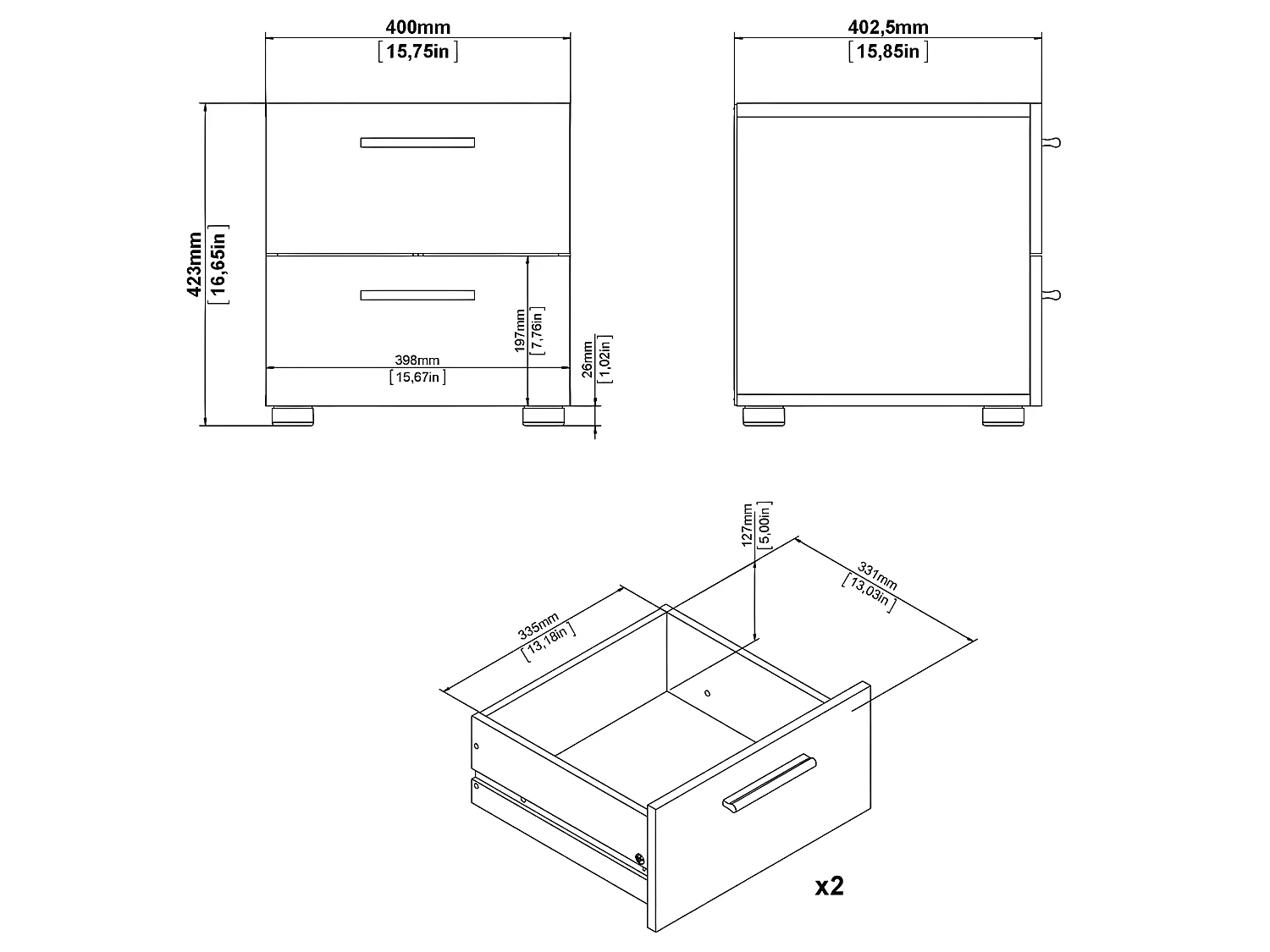 Petra Nachttisch 2 Schubladen trüffelfarben.