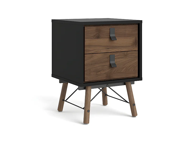Comodino Rye 2 cassetti nero opaco, decoro noce.