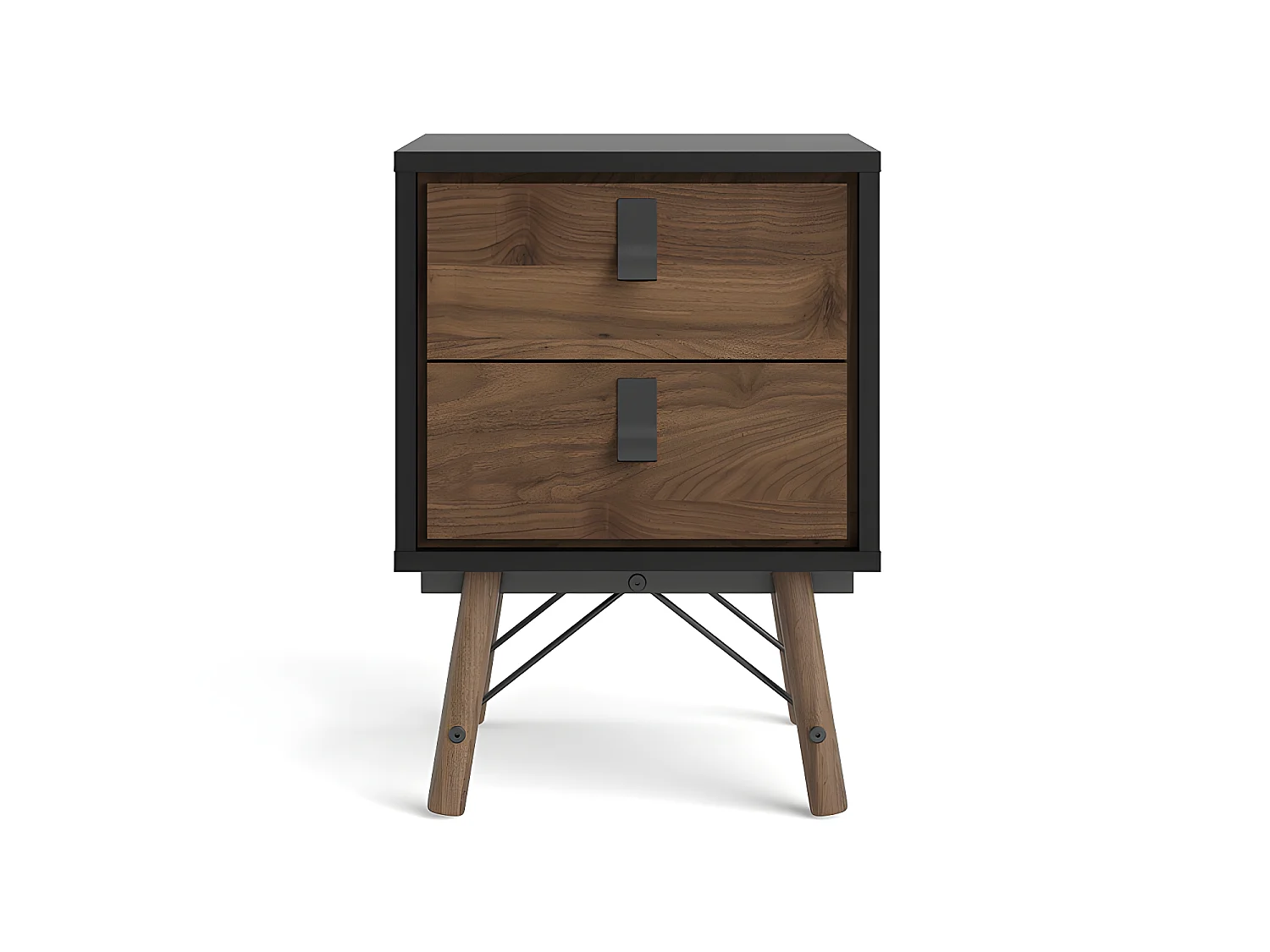 Rye Nachttisch 2 Schubladen mattschwarz, Walnuss Dekor.