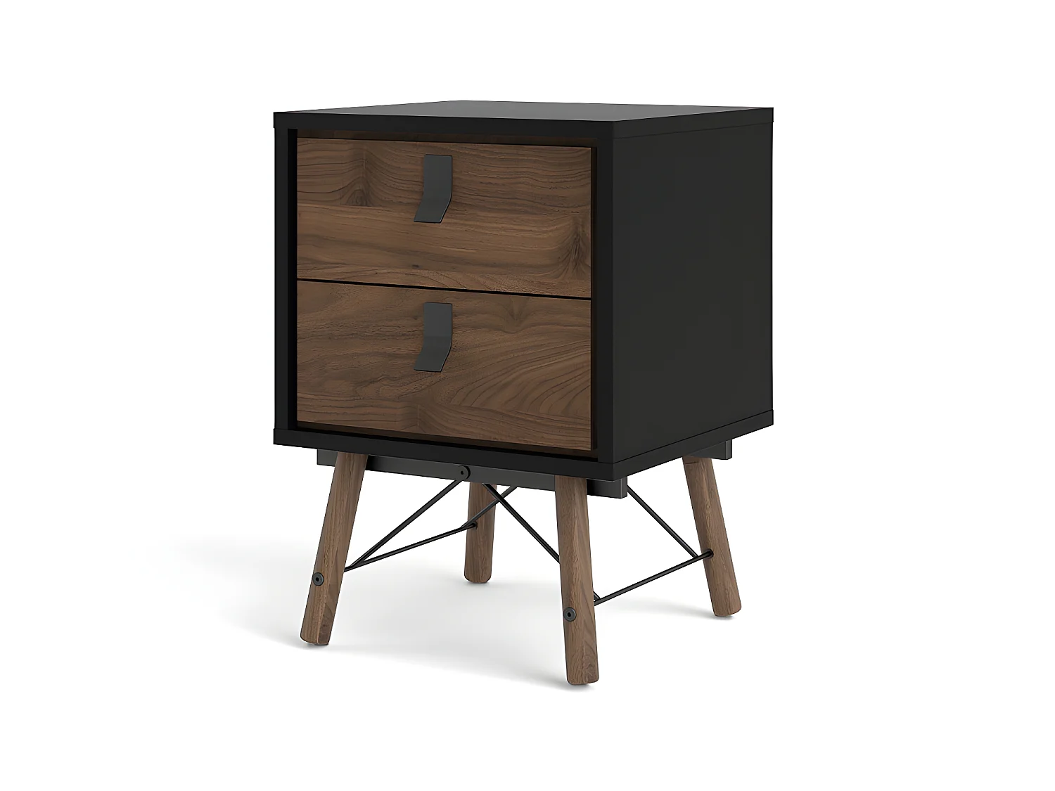 Rye Nachttisch 2 Schubladen mattschwarz, Walnuss Dekor.