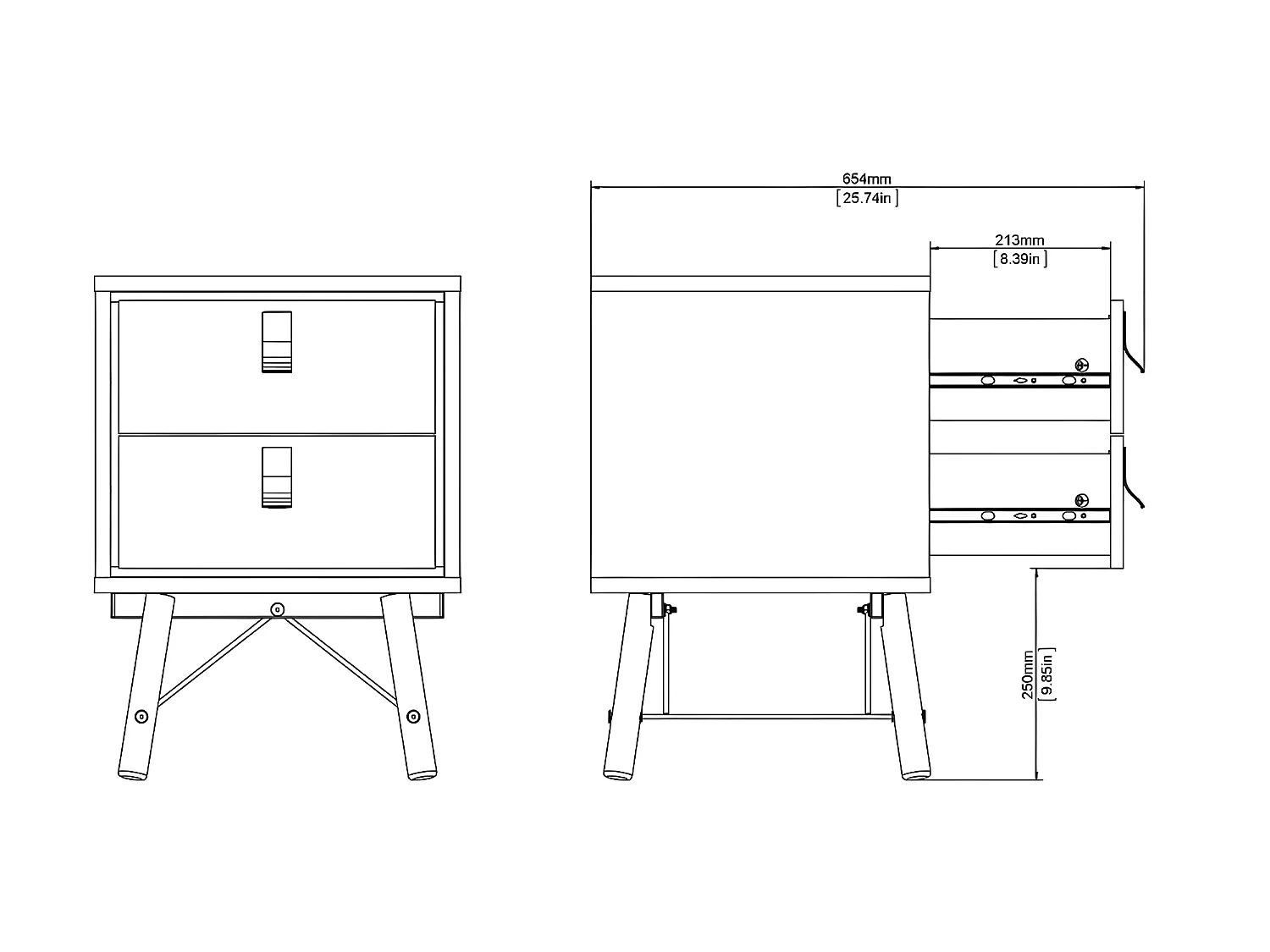 Rye Nachttisch 2 Schubladen mattschwarz, Walnuss Dekor.