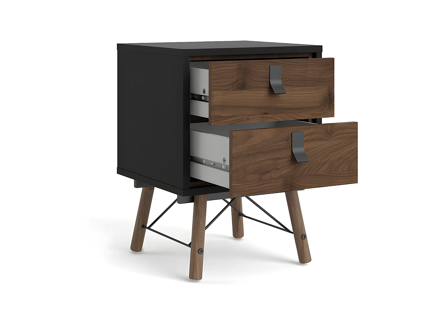 Rye Table de chevet à 2 tiroirs, noir mat, imitation noyer.