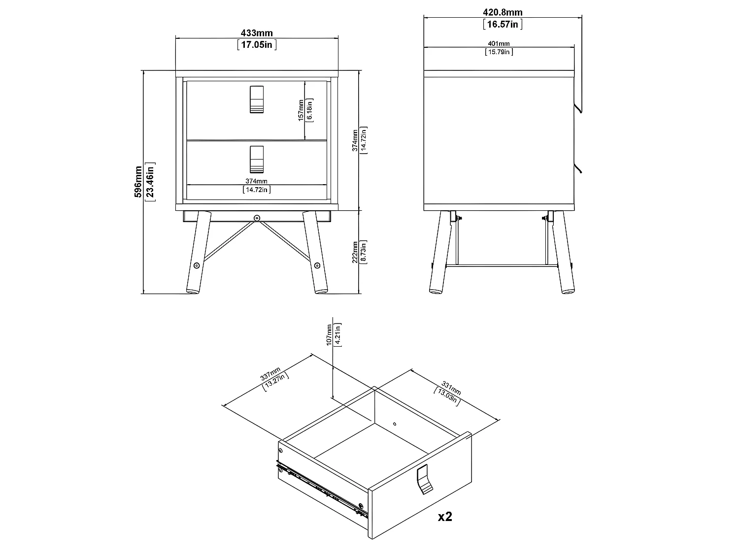 Rye Table de chevet à 2 tiroirs, noir mat, imitation noyer.