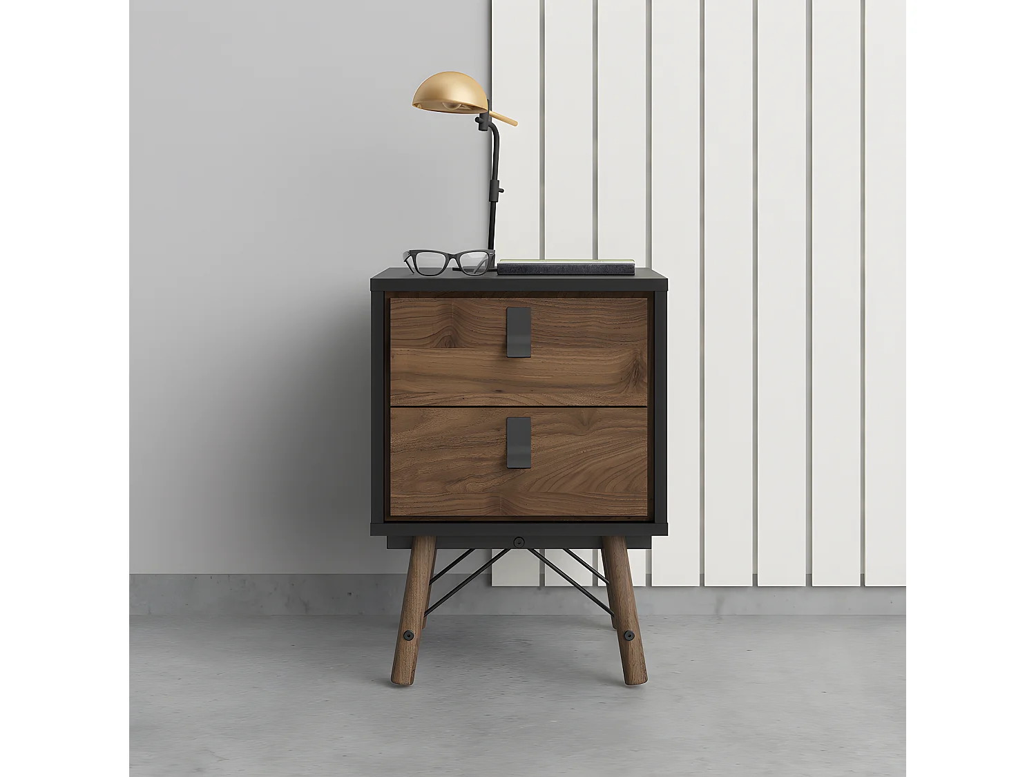 Rye Table de chevet à 2 tiroirs, noir mat, imitation noyer.