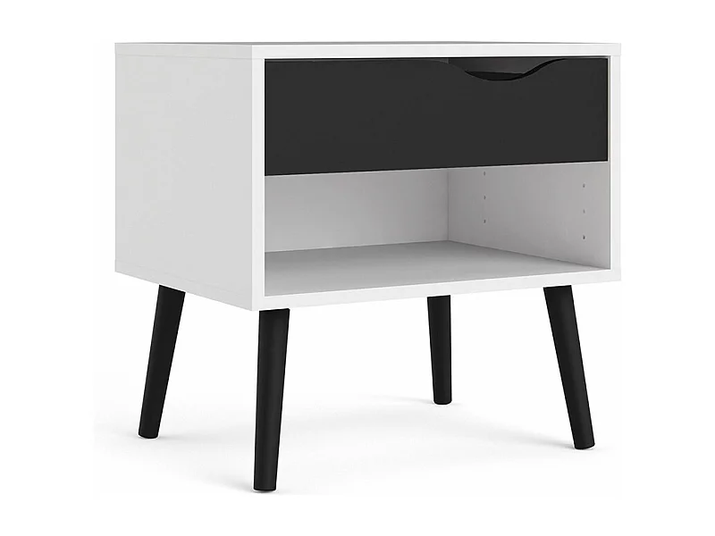 Mesita de noche Napoli con 1 cajón y 1 estante en color blanco y negro mate.