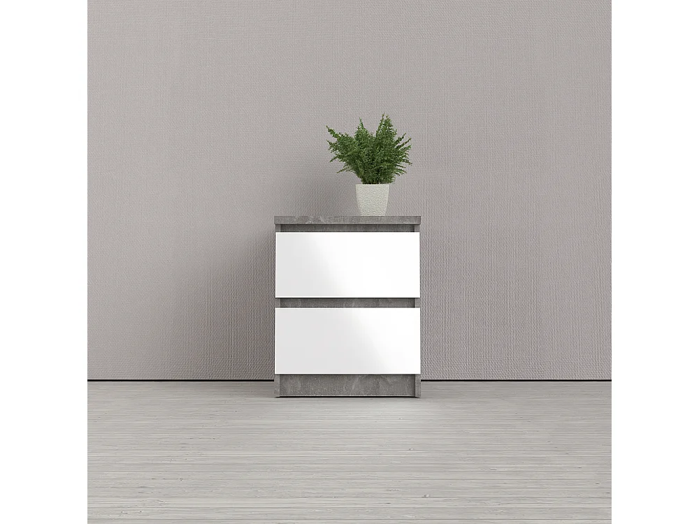 Nada Table de chevet à 2 tiroirs, aspect béton, blanc brillant.