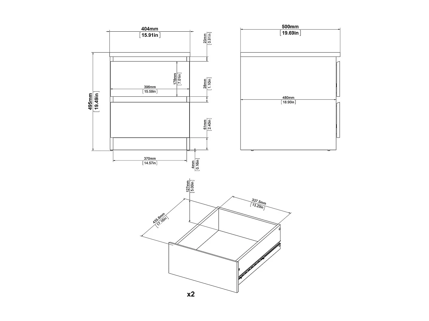 Nada Nachttisch mit 2 Schubladen , beton dekor,weiss hochglanz.