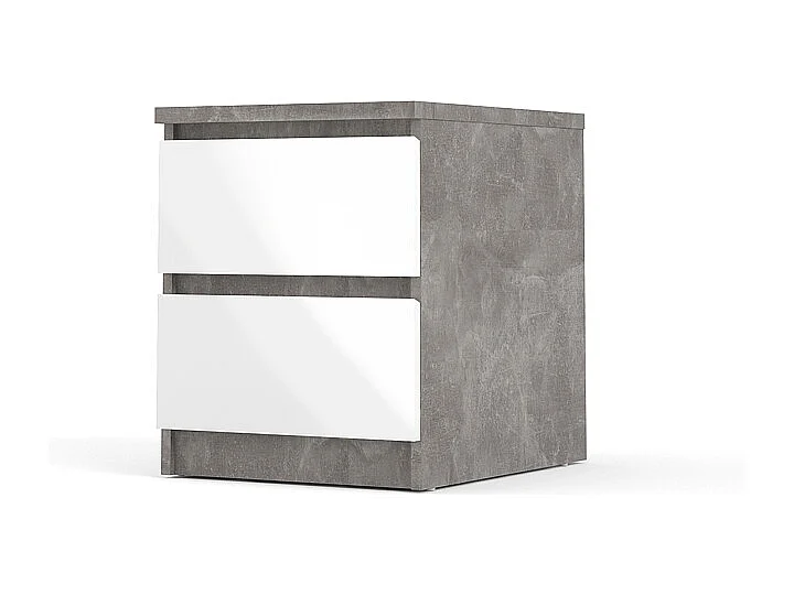 Nada Table de chevet à 2 tiroirs, aspect béton, blanc brillant.