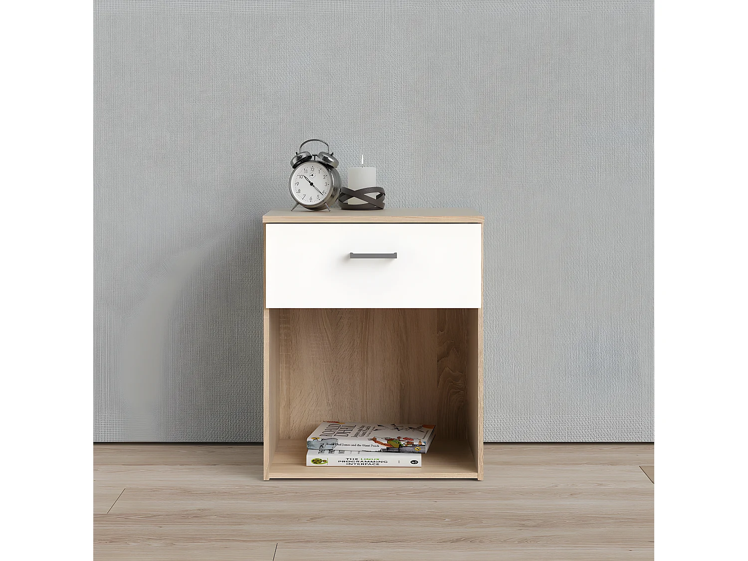 Spell Table de chevet à 1 tiroir, 1 espace de rangement, imitation chêne, blanc.