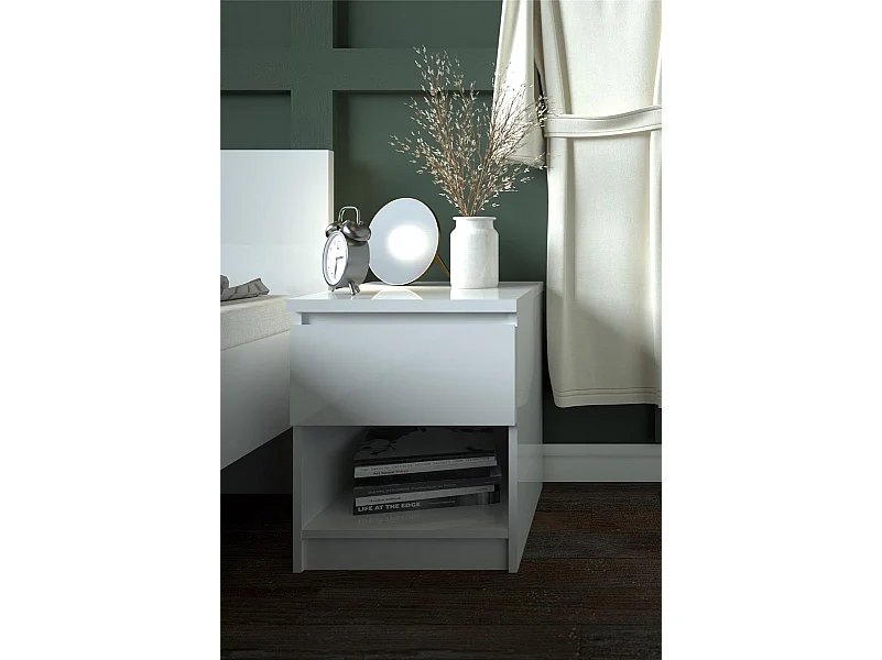 Mesita de noche Nada 1 cajón y 1 estante blanco alto brillo.