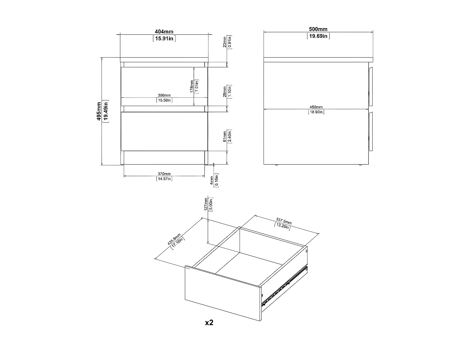 Nada nachtkastje 2 lades zwart essen.