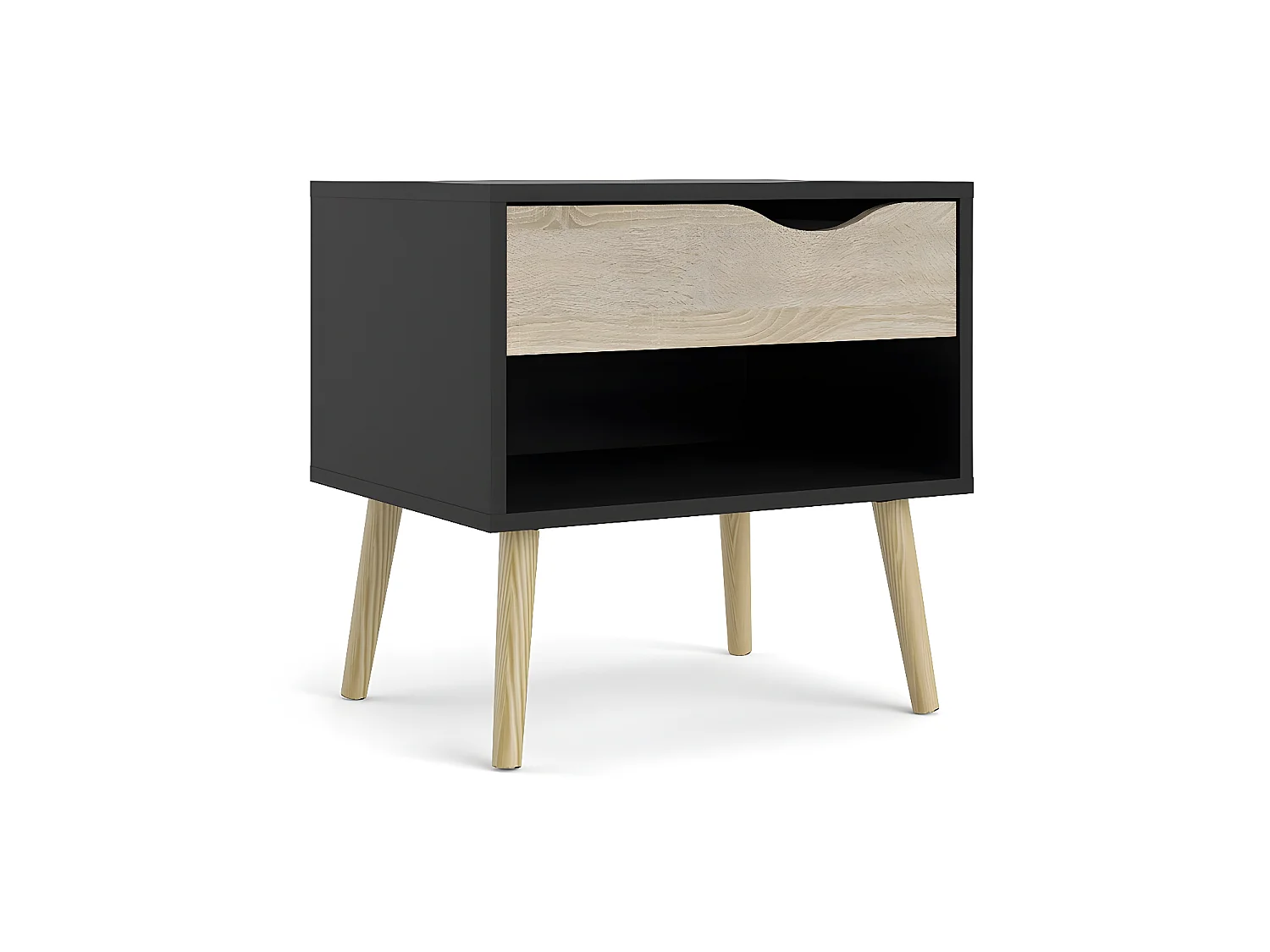 Napoli Table de chevet à 1 tiroir et 1 espace ouvert, noir mat/chêne.