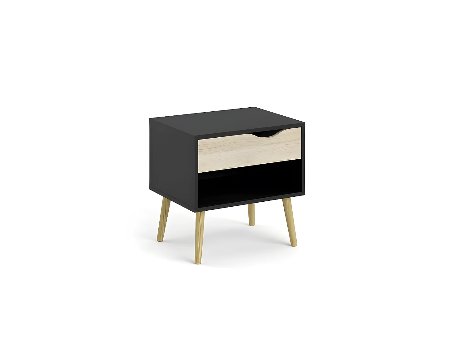 Napoli Table de chevet à 1 tiroir et 1 espace ouvert, noir mat/chêne.