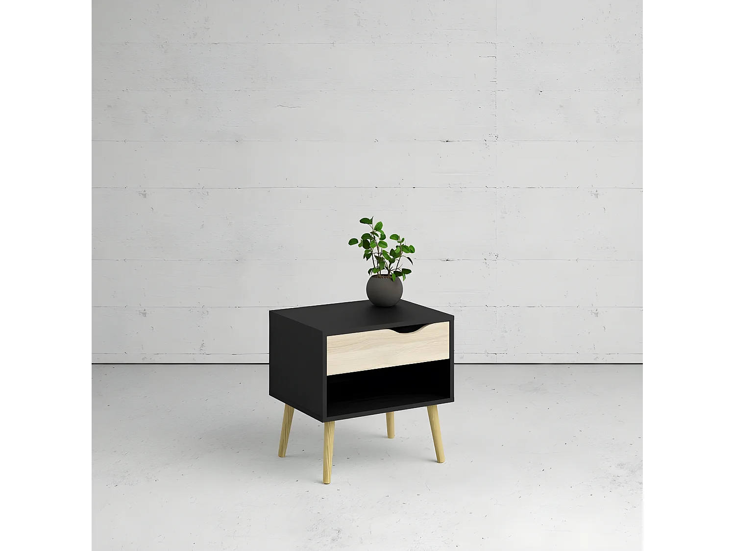 Napoli Table de chevet à 1 tiroir et 1 espace ouvert, noir mat/chêne.