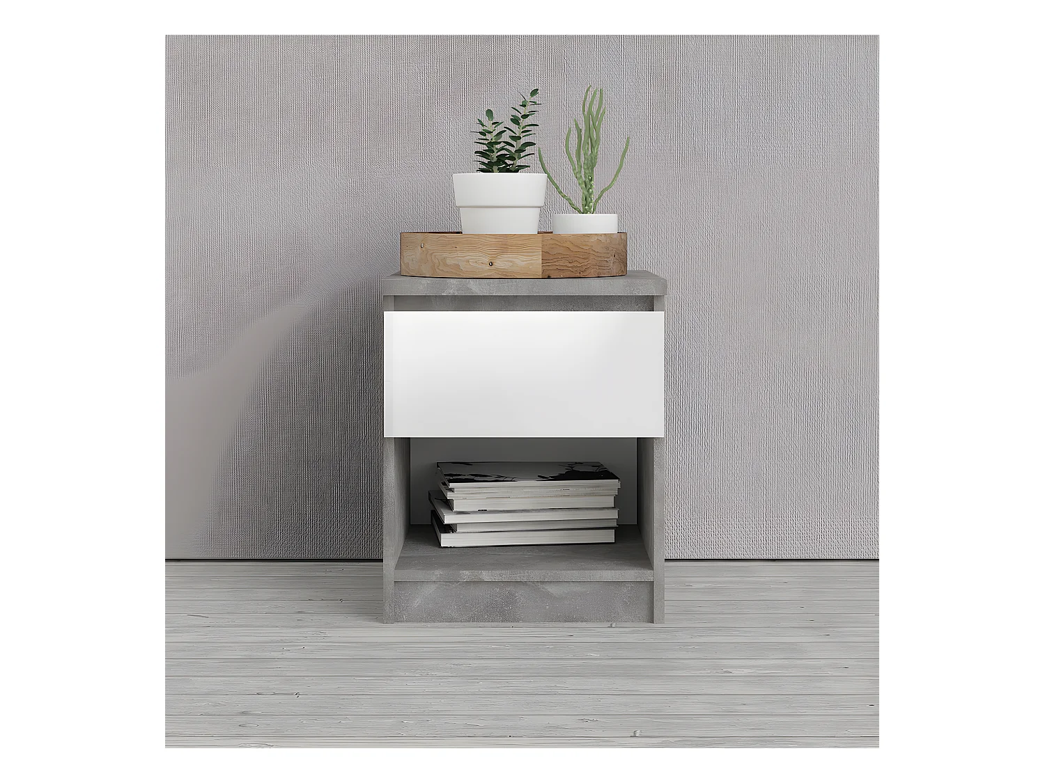 Nada Nachttisch mit 1 Schublade und 1 Ablage, beton dekor,weiss hochglanz.