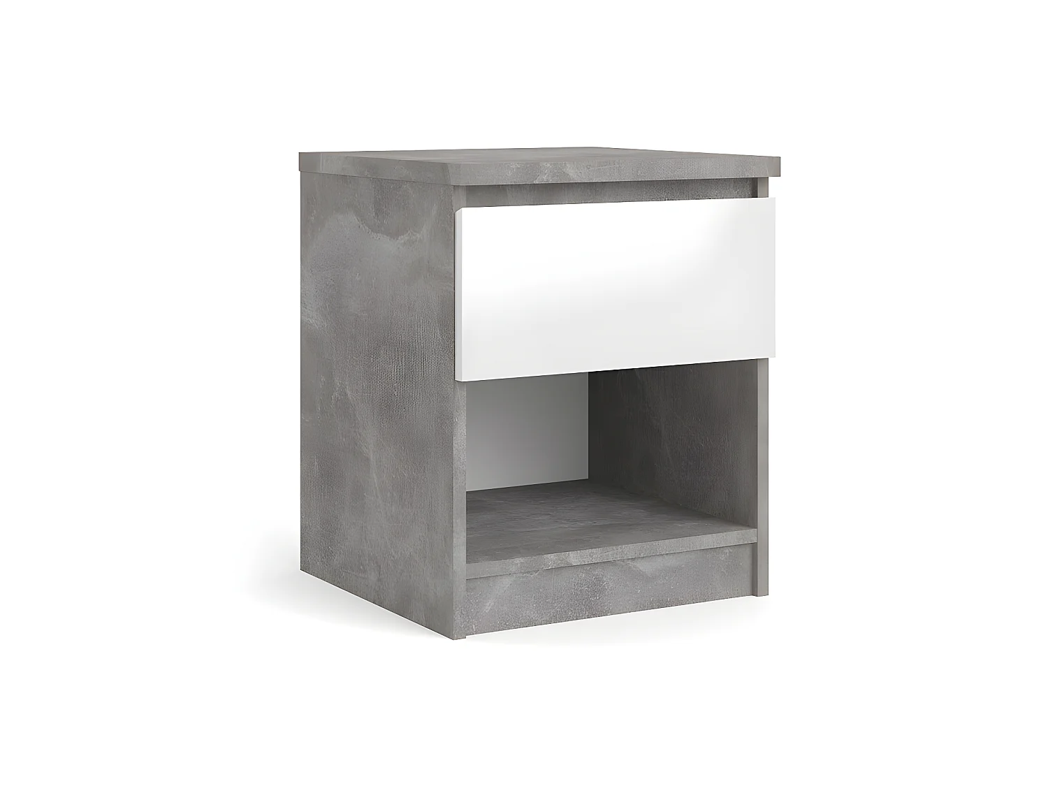 Nada Table de chevet avec 1 tiroir et 1 tablette de rangement, aspect béton, blanc brillant.