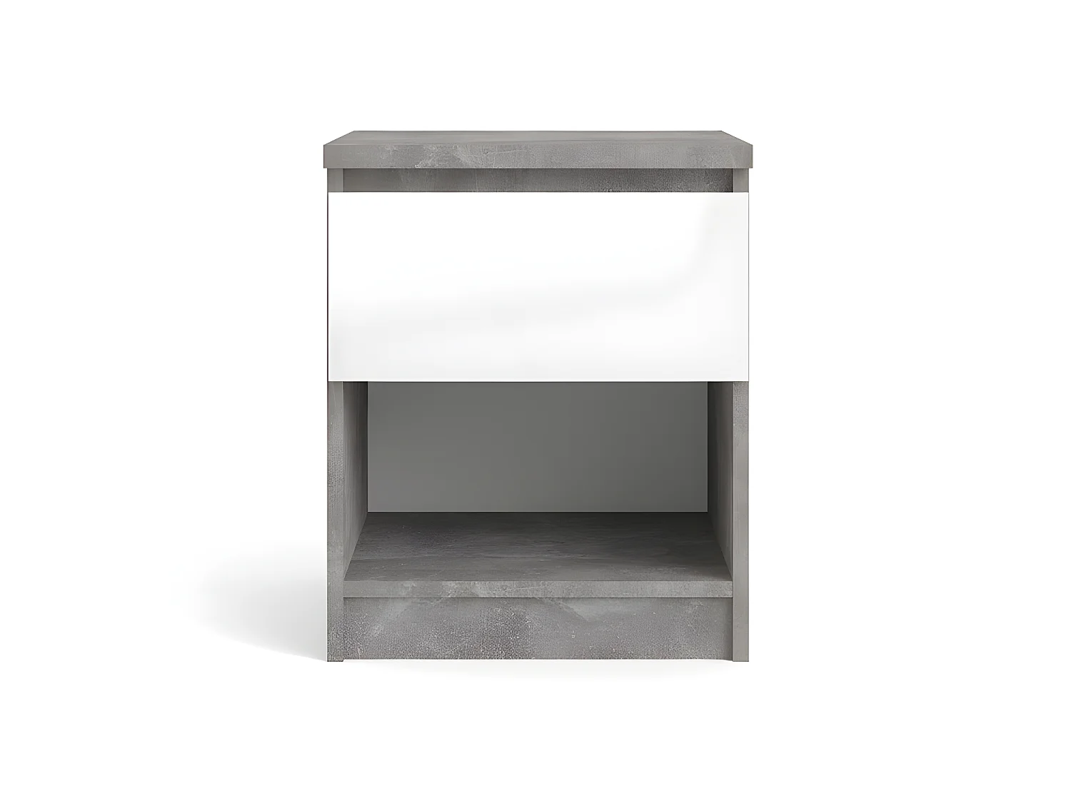 Nada Table de chevet avec 1 tiroir et 1 tablette de rangement, aspect béton, blanc brillant.