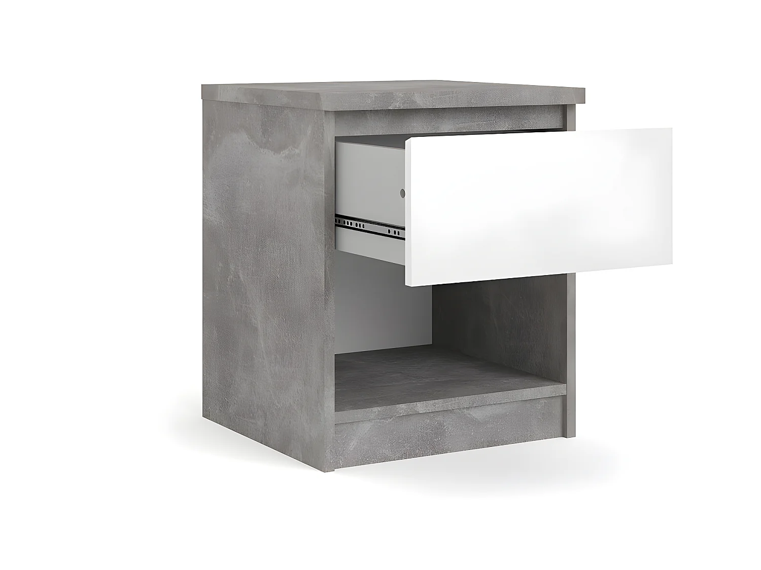 Nada Table de chevet avec 1 tiroir et 1 tablette de rangement, aspect béton, blanc brillant.