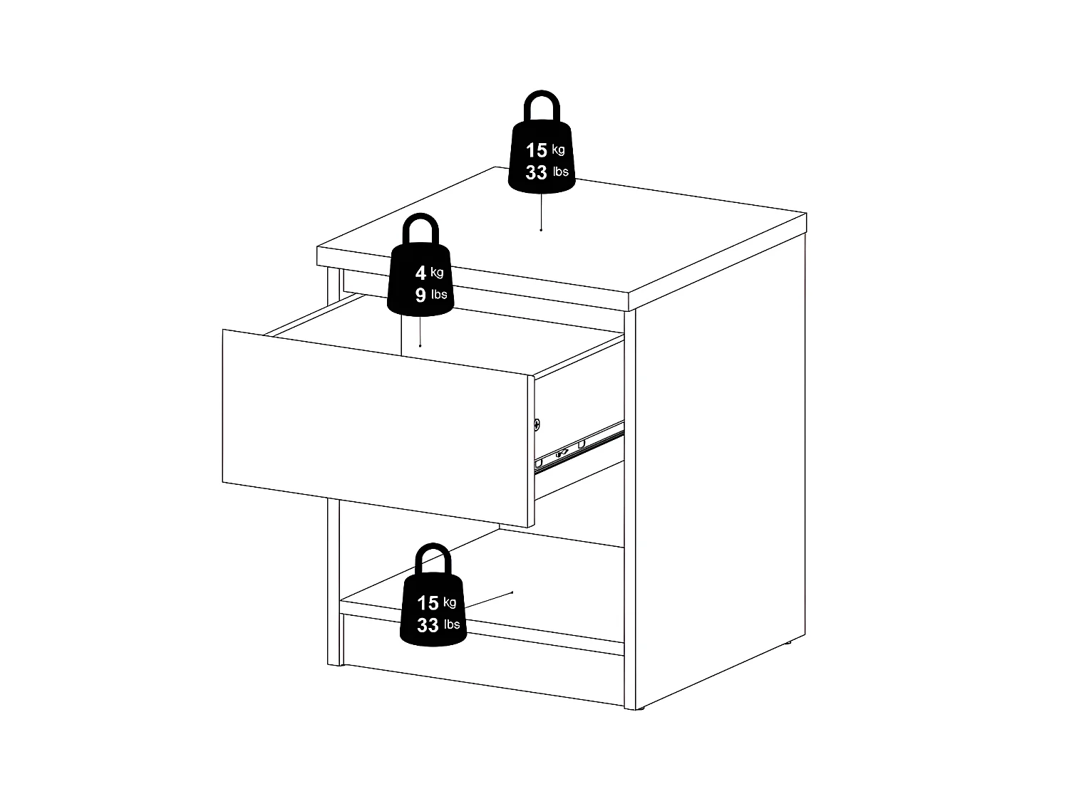 Nada Table de chevet avec 1 tiroir et 1 tablette de rangement, aspect béton, blanc brillant.