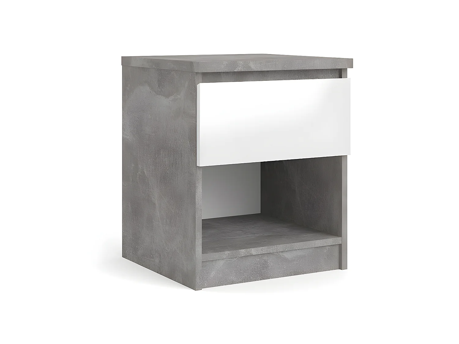 Nada Table de chevet avec 1 tiroir et 1 tablette de rangement, aspect béton, blanc brillant.