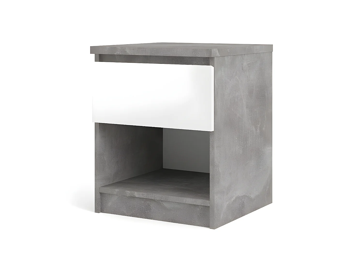 Nada Table de chevet avec 1 tiroir et 1 tablette de rangement, aspect béton, blanc brillant.